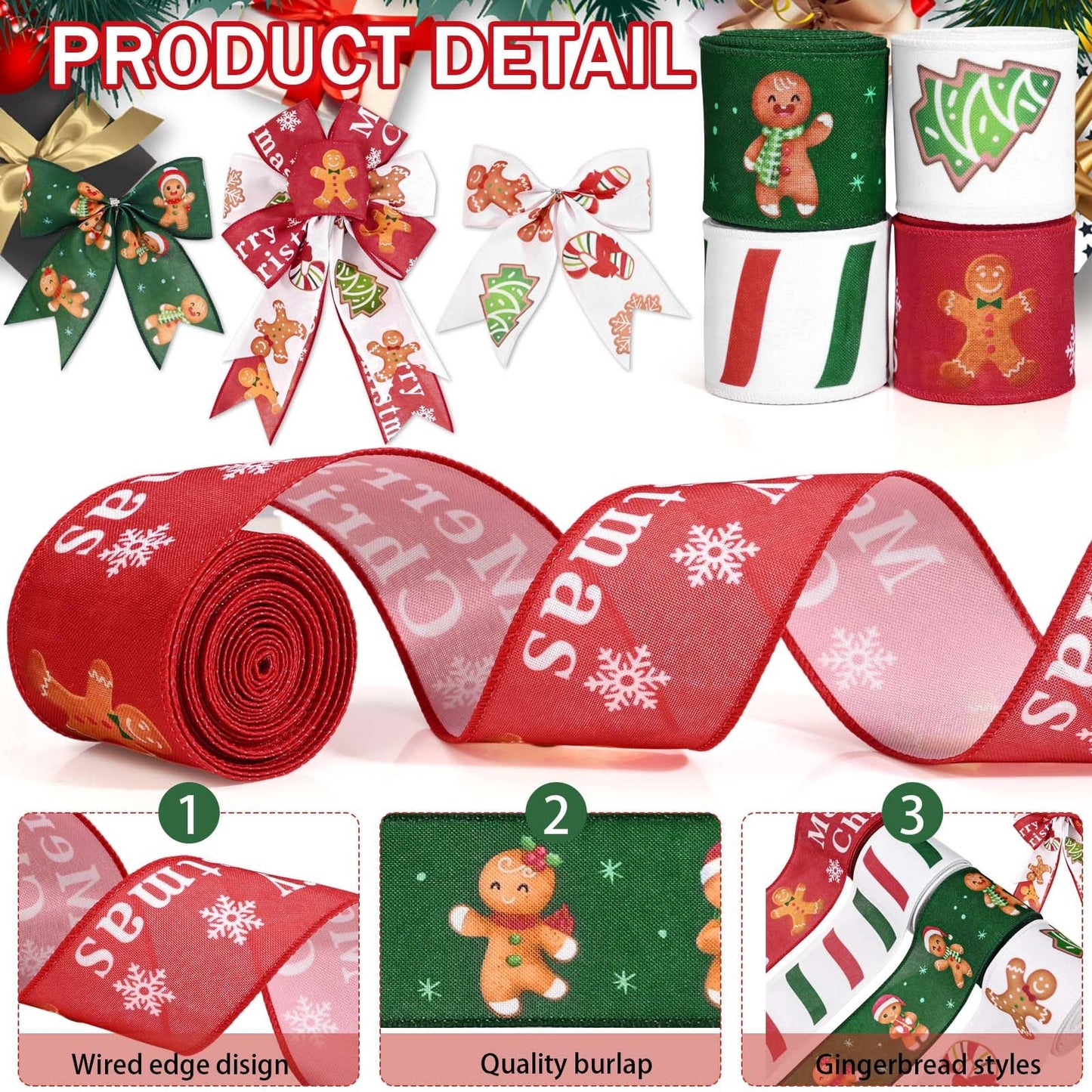 Gingerbread Christmas Wired Ribbons - 20 Yards, 2.5 Inch, Candy Cane, Gift Wrapping, DIY Bows & Wreath Decorations