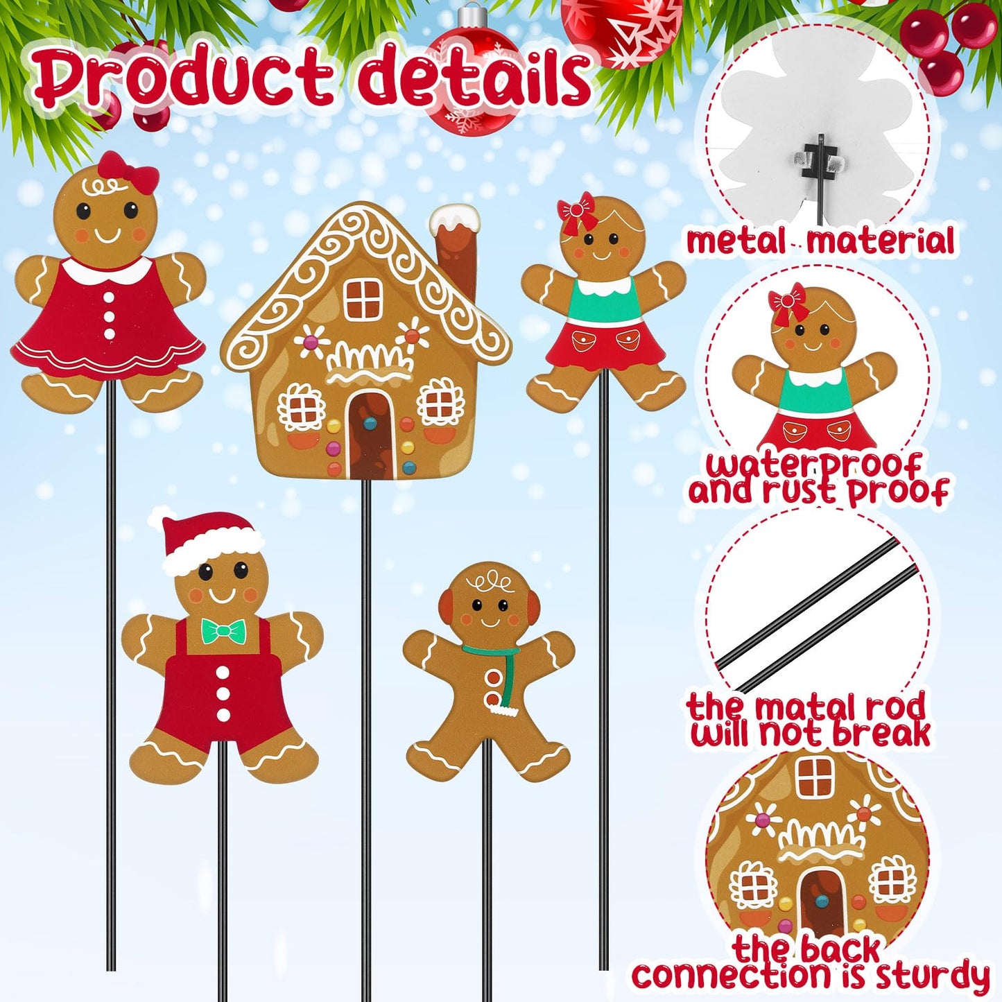 Roowest 5 Pack 12'' H Metal Christmas Yard Stakes Outdoor Decorations Gingerbread Man House Garden Signs Christmas Potted Plant Stakes for Holiday Winter Home Lawn Garden Porch Walkway Party Decor