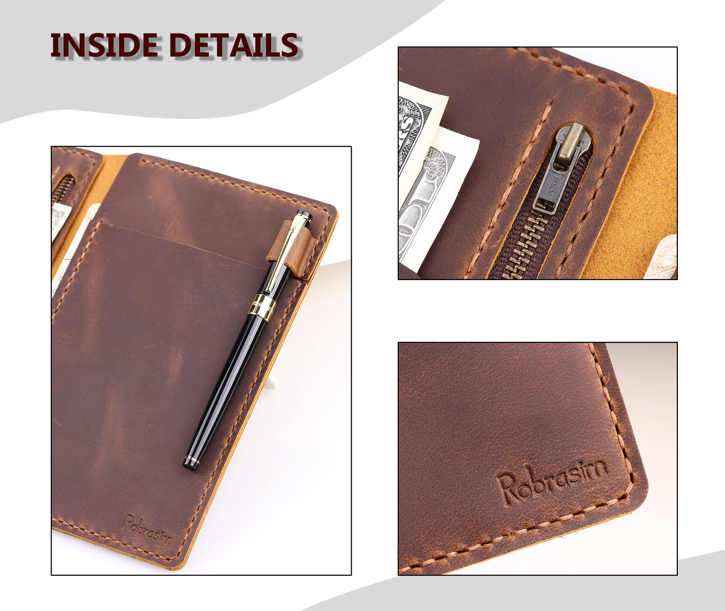 Server Book Organizer with Zipper Pocket, Genuine Leather Restaurant Guest Check Presenters Card Holder for Waitress, Waiter Accessories Fit Server Apron - Brown