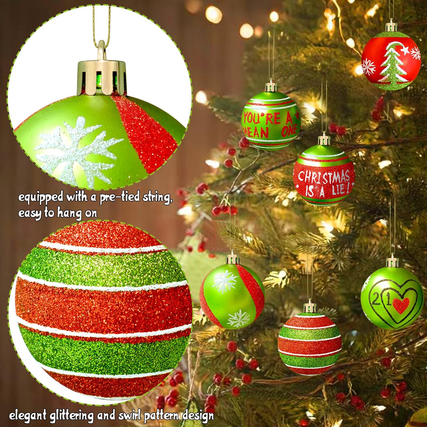 24 Pcs 2.4 Inch Christmas Ball Ornaments,Glittering Plastic Hanging Decorations Swirl Candy Cane Peppermint Red and Green Christmas Tree Pendants for Xmas Tree Decoration