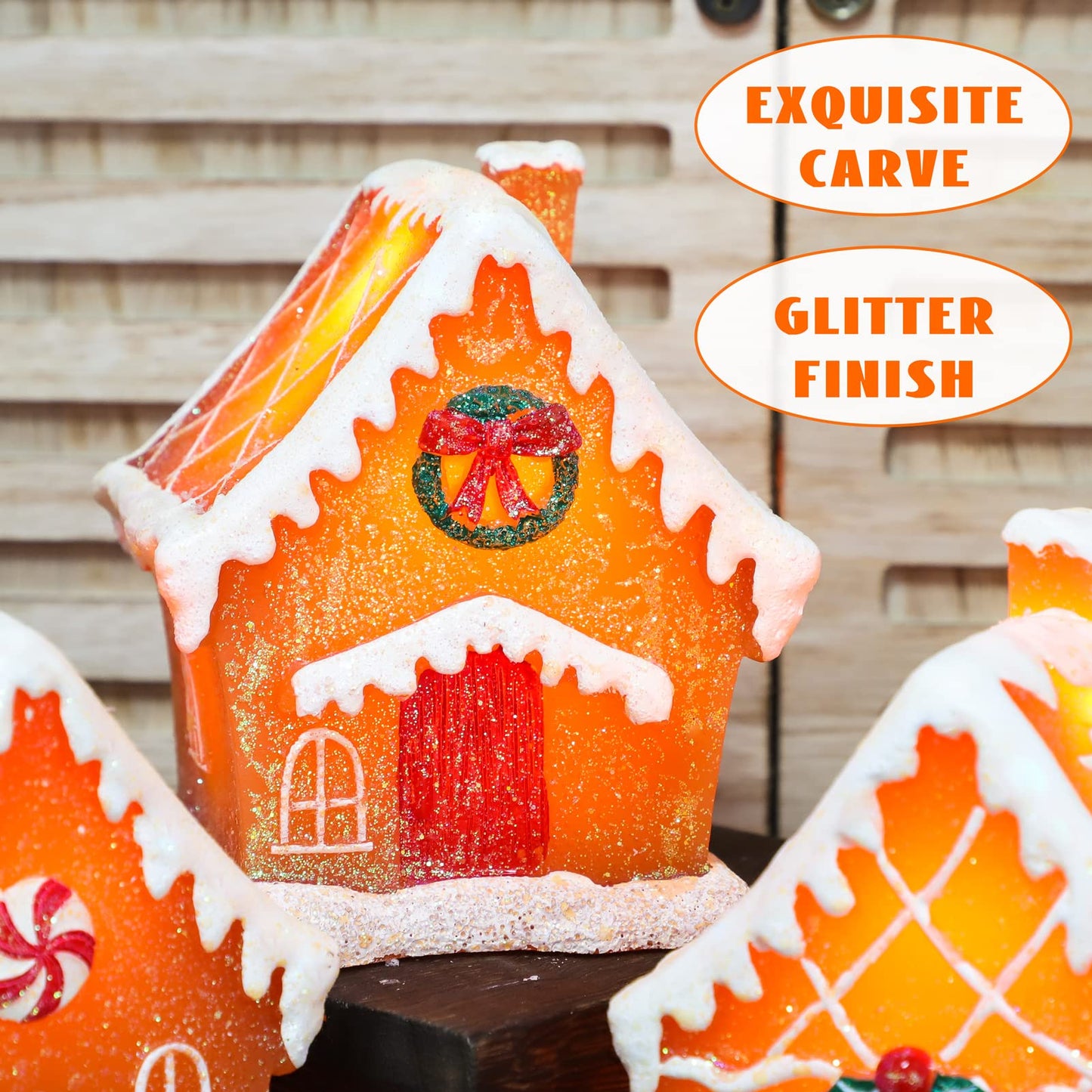 Christmas Gingerbread House Tabletop Decoration Lighted Christmas Village House Real Wax Battery Operated with Remote Flickering LED Light Christmas Village Decor for Mantel Desk Table Centerpiece
