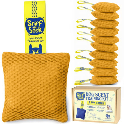 Race&Herd Original 10 Pcs Dog Scent Training Kit, Scent Work Training Kit for Dogs, 5 Brain Games - Nosework for Dog Sniffing Toys, Mental Stimulation Agility Equipment for Dogs (Gold)