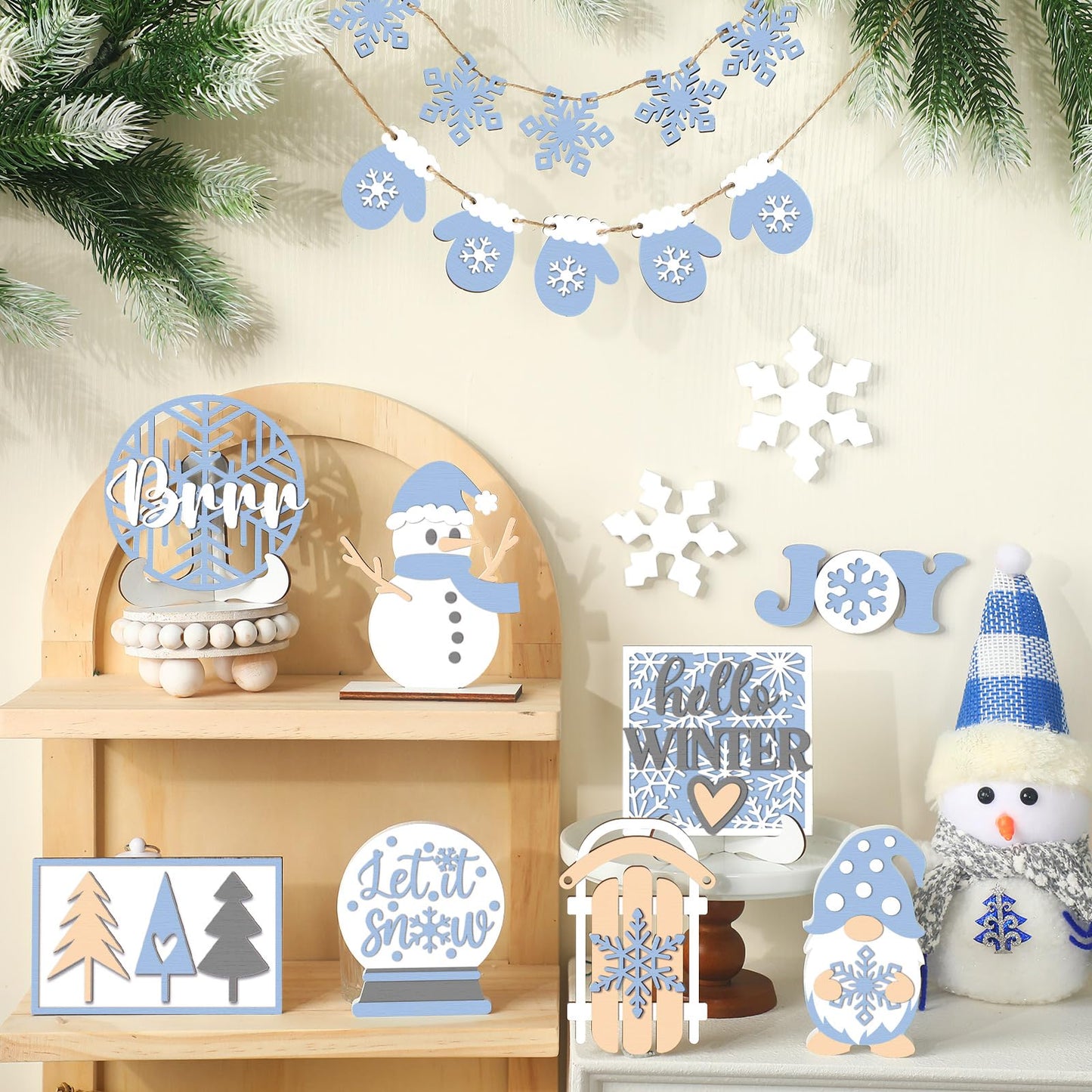 20 Pcs Winter Tray Decor Snowflake Snowman Gnome Wooden Signs Winter Wonderland Table Centerpieces Rustic Farmhouse Winter Tabletop Decorative Trays for Party Home Christmas Holiday