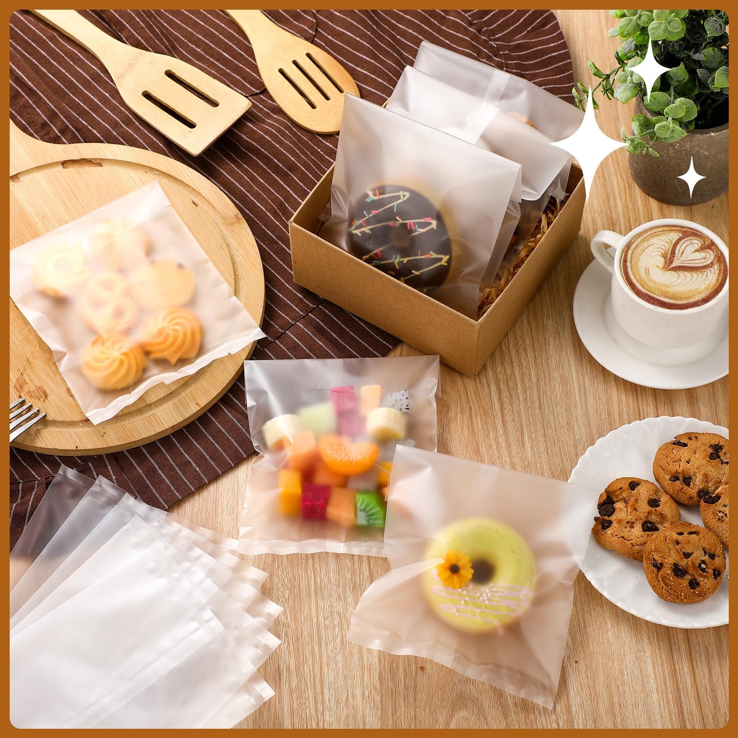 Yexiya 200 Pcs 4" x 6" Matte Frosted Heat Seal Cookie Bags Cellophane Cookie Bags Flat Edge for Treat Chocolate Candy Dessert Snack Packs 4th of July Back to School Wedding Birthday Party Gift Giving