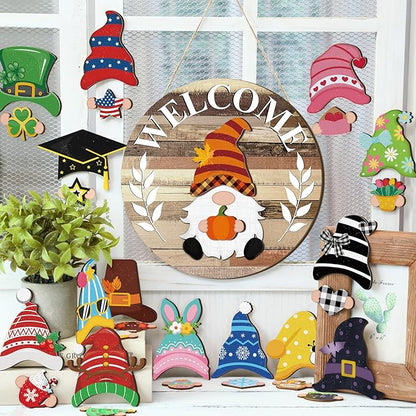 Qunclay Interchangeable Wooden Gnome Decor Holiday Seasonal Gnome Decorations with Magnet Pieces and Detachable Hats Changeable Welcome Sign for Home (Farmouse)