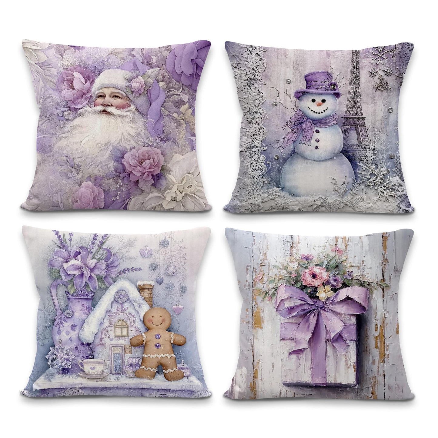 Yorhifa Purple Christmas Pillow Covers 18x18 Inches Set of 4, Christmas Home Decor, Preppy Xmas Santa Snowman Decorative Pillowcase Cases, Winter Throw Pillow Covers for Couch Sofa Bed Home Room Decor