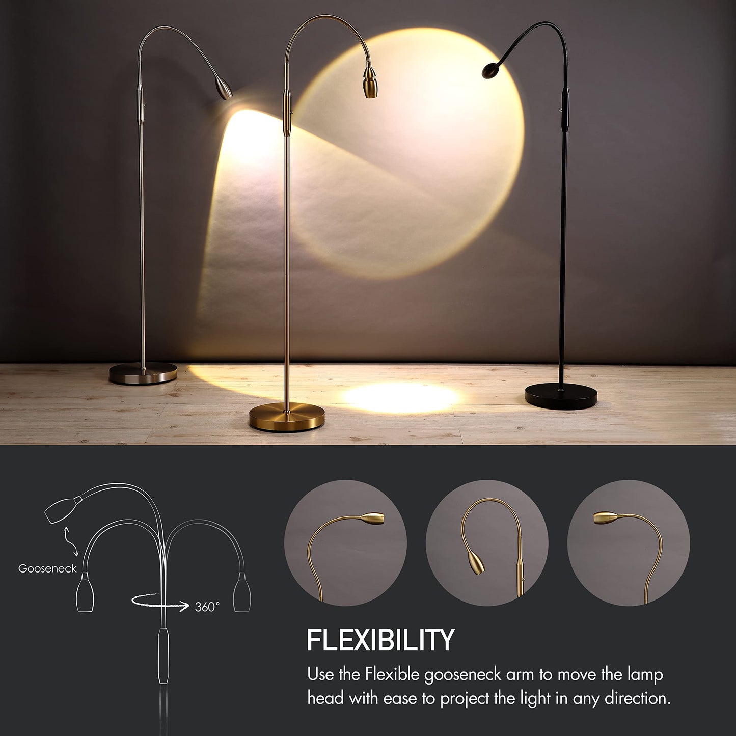 O’Bright Ray – Adjustable LED Beam Floor Lamp, Dimmable and Zoomable Spotlight, Flexible Gooseneck, Reading/Crafting Standing Lamp, Work Table Light, Antique Brass
