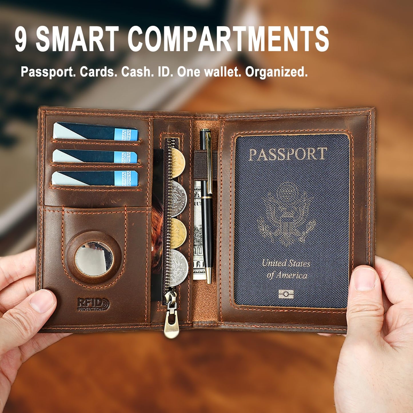 HIDO RFID Passport Holder for Men, Slim Leather Travel Wallet with Airtag Slot & RFID Blocking