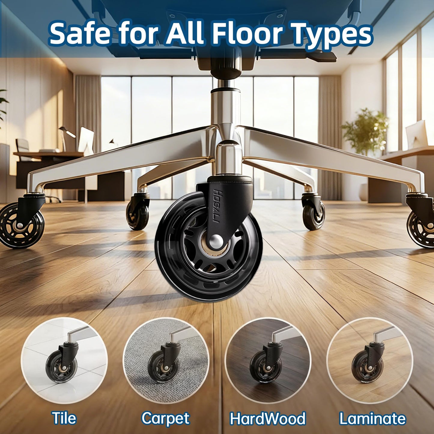 HOSALI 3 Inch Office Chair Wheels - Rubber Chair Casters Replacement, Heavy-Duty Computer Gaming Desk Caster Wheel Smooth & Safe Rolling for All Floors Including Hardwood and Carpet, Set of 5