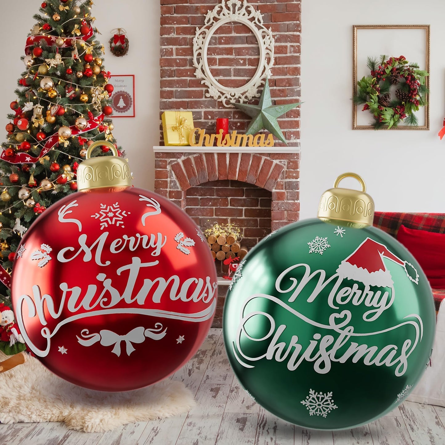 2PCS 24 Inch Inflatable Christmas Balls, PVC Large Inflatable Christmas Ornaments Blow up Ornament Ball, Blow up Ornament Xmas Decorations for Outside Holiday Yard Lawn Decor(Red Green Merrychristmas