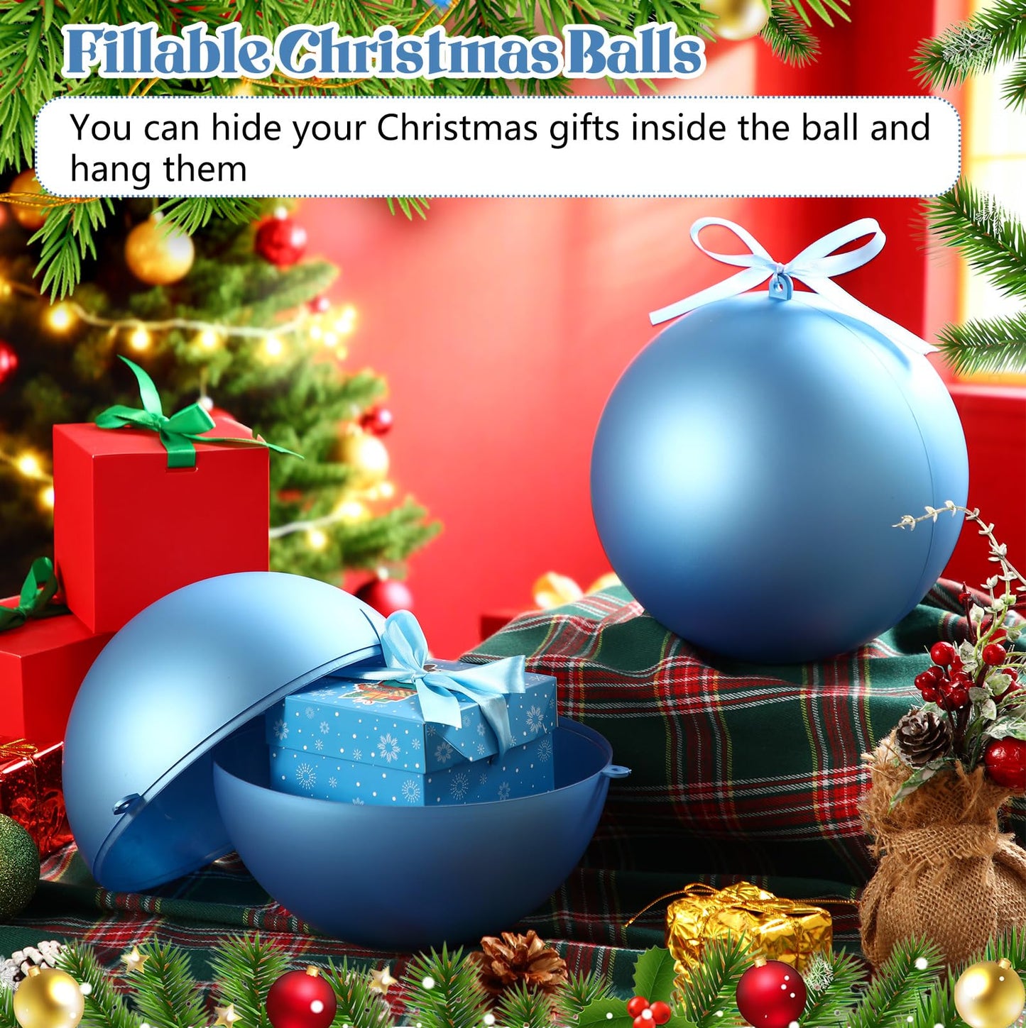Zubebe 2 Pcs 8" Giant Fillable Christmas Ornaments with Ribbons Oversized Plastic Xmas Balls for Outdoor Lawn Yard Decor, Tree Hanging, Holiday Gifts(Matte Light Blue)