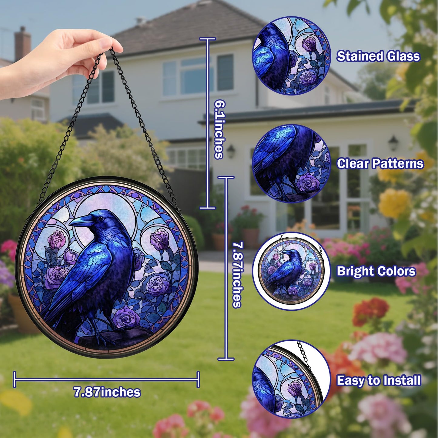 Crow Stained Glass Window Hanging, Raven Suncatcher Diamond Glass Panel Hangings, Sun Catchers Indoor Windows Wall Art, Gift for Birds Lover, Christmas Decor for Home Garden Office Purple 7.87 inches