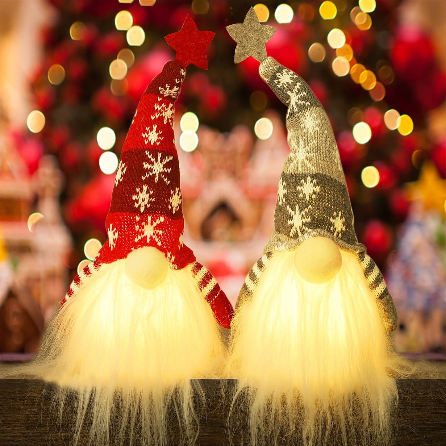 Juegoal 15" Lighted Christmas Gnome, Handmade Scandinavian Swedish Tomte, Light Up Elf Holiday Present, Battery Operated Winter Tabletop Christmas Decorations, 2 Set