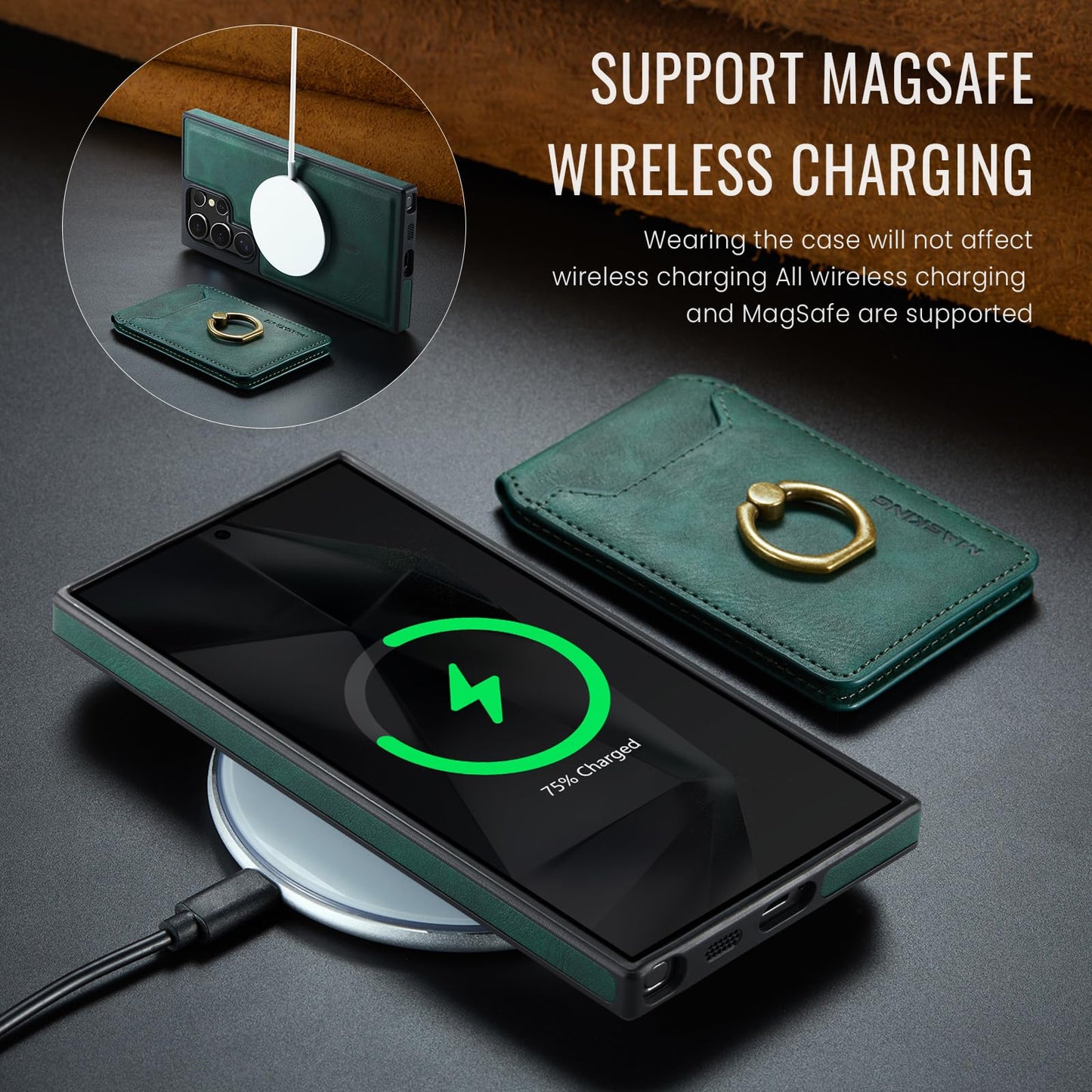 Konstreet for Samsung Galaxy S26 Ultra 2 in 1 Detachable Card Bag Wallet Case Durable Leather Wallets Magnetic Card Holder 4 Card Slots Ring Stand RFID Blocking Green
