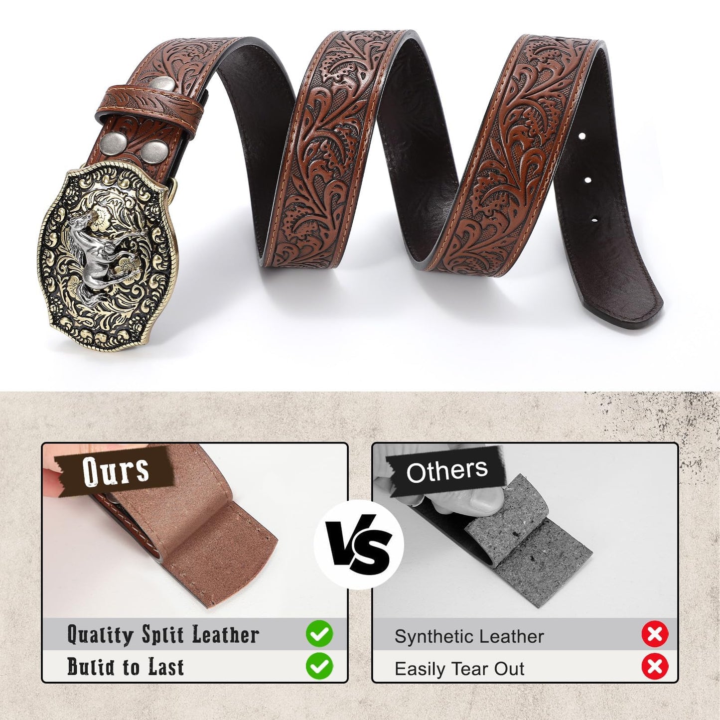 SANSTHS Cowboy Belts for Men Women Western Buckle Belt Cowboy Cowgirl Embossed Leather Belt for Jeans Belt