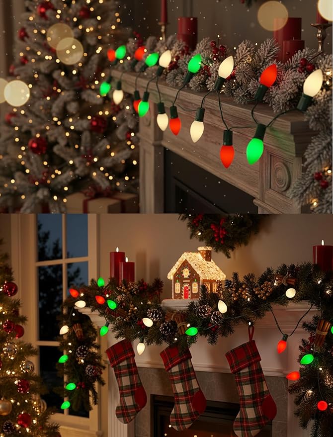 25FT Red Green White Christmas Lights,Vintage C9 LED Christmas Light with 26 Shatterproof Plastic Bulbs,Connectable Multicolor Outdoor Lights for Christmas Tree, Gardens,Party Holiday