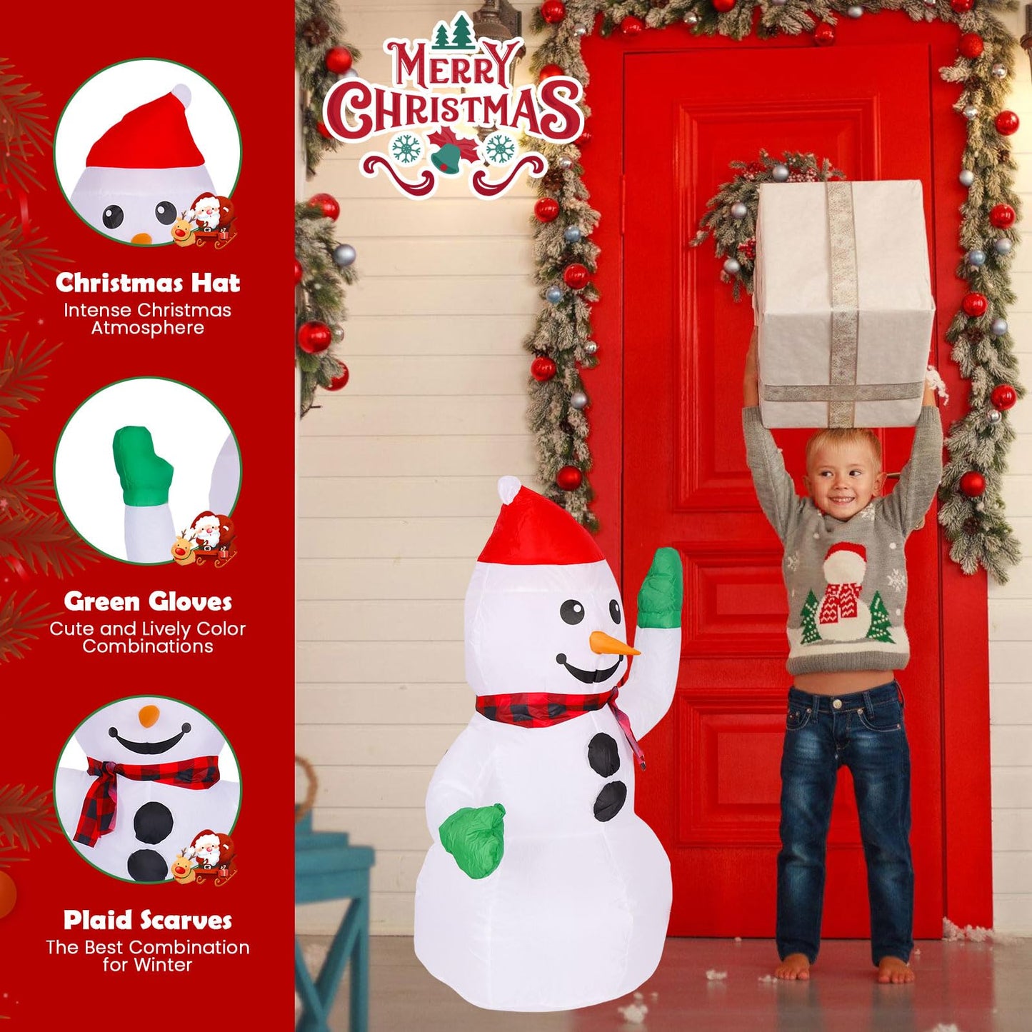 3FT Christmas Inflatable Outdoor Decorations Snowman with Red Hat, Blow up Yard Decorations with Built-in LED Lights for Xmas Party Outside, Yard, Garden, Lawn Decor