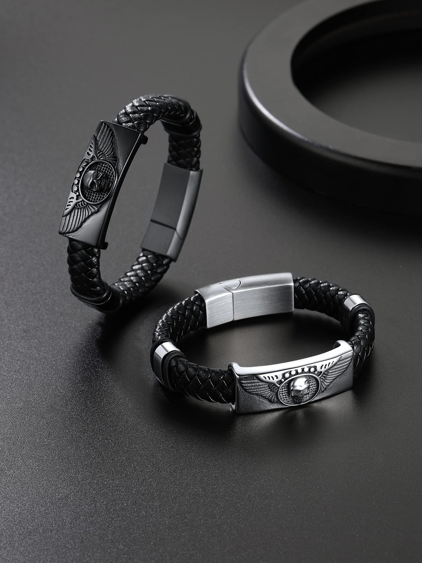 ChainsHouse Mens Braided Leather Black Bracelets Bangles, Wing Skull Bracelet for Dad Husband, 23cm