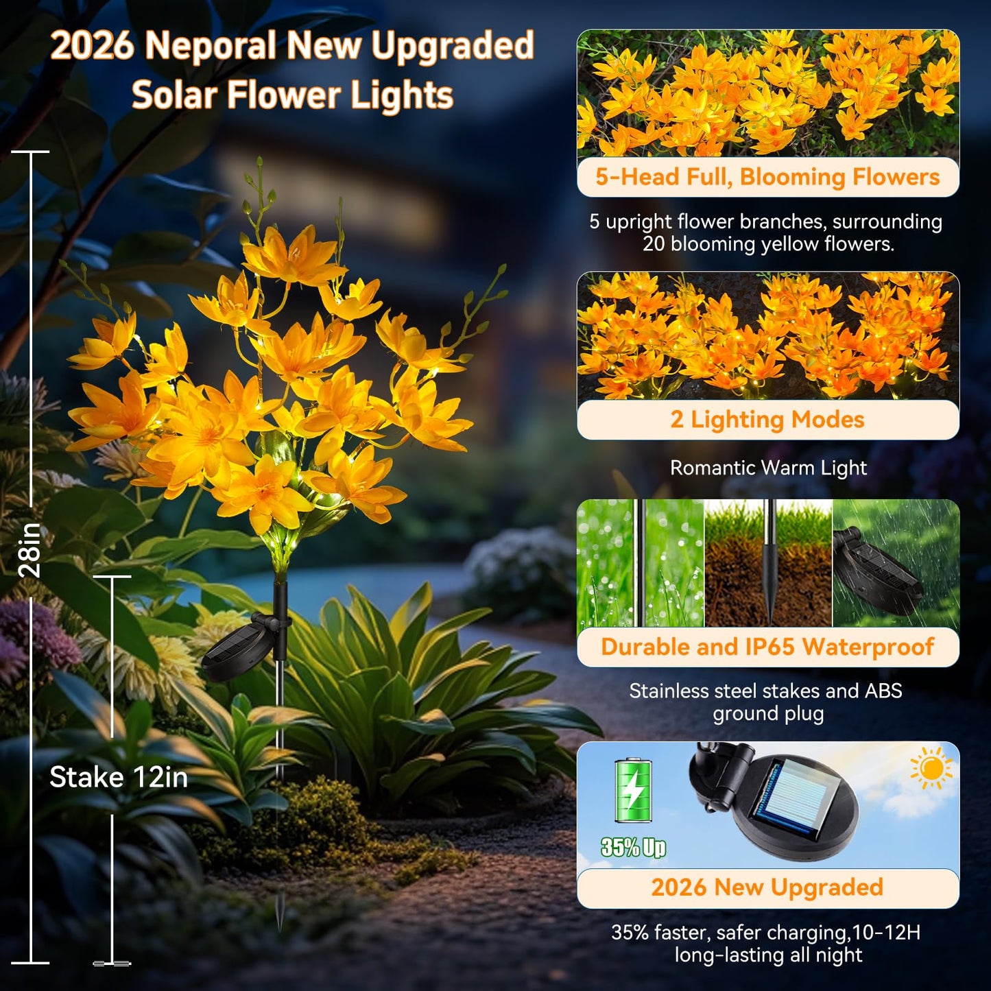 Neporal Solar Flowers Outdoor Waterproof IP65, 5-Head Snow Lotus with 20+ Flowers, Warm LED Light & 2 Lighting Modes, Decorative Solar Lights Outdoor Garden, Yard, Pathway, Flower Bed (2-Pack, Yellow)
