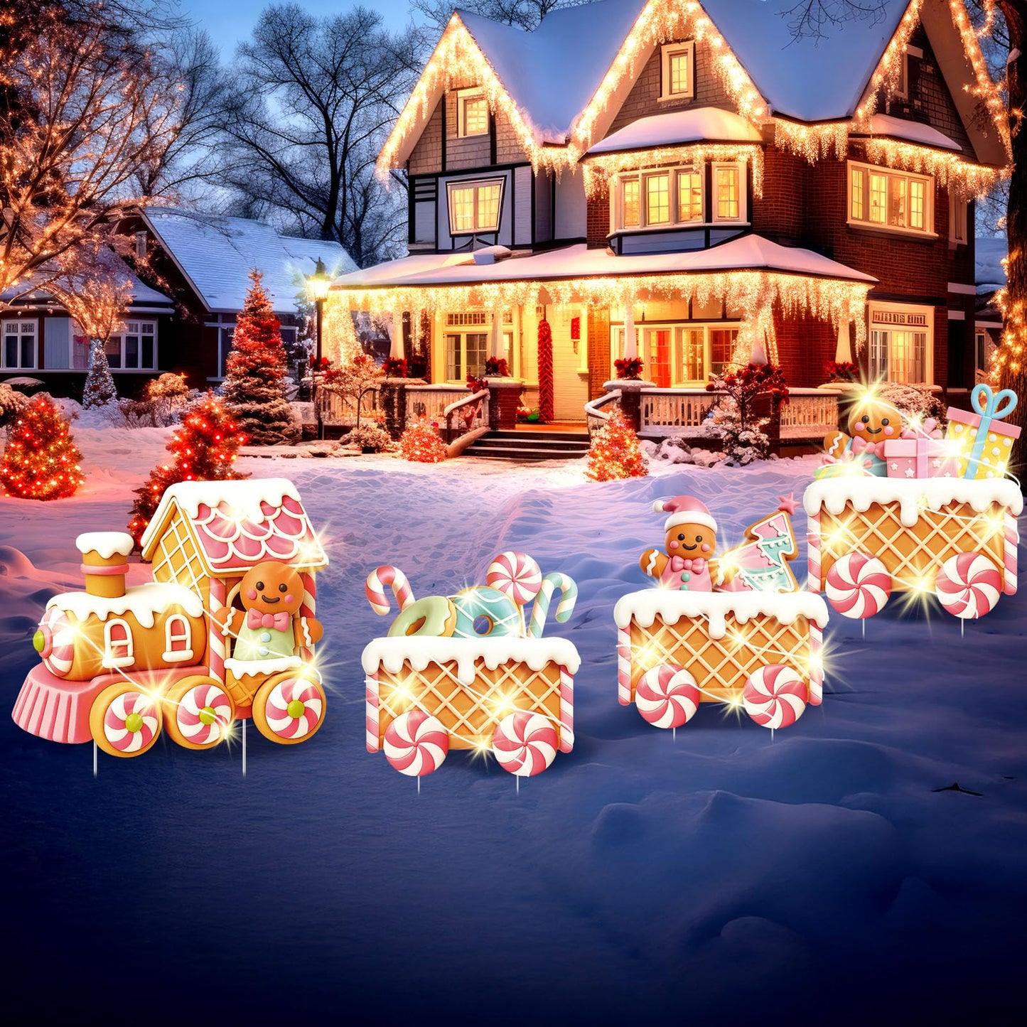 Marsui 4 Pcs Christmas Train Decoration Yard Sign with 4 LED Light Lawn Sign Christmas Pink Gingerbread Candy Gift Box Train Set with 8 Stake for Xmas Garden Outdoor Holiday Party Decor