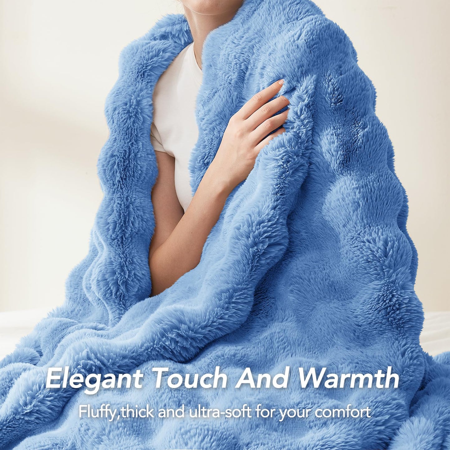 L'AGRATY Faux Fur Throw Blanket: 50" x 60" Luxury Soft Fluffy Rabbit Fur Blankets Twin for Couch Bed Sofa - Cozy Plush Bubble Blankets for Winter: Flannel Fleece Decorative Blanket(Airy Blue)