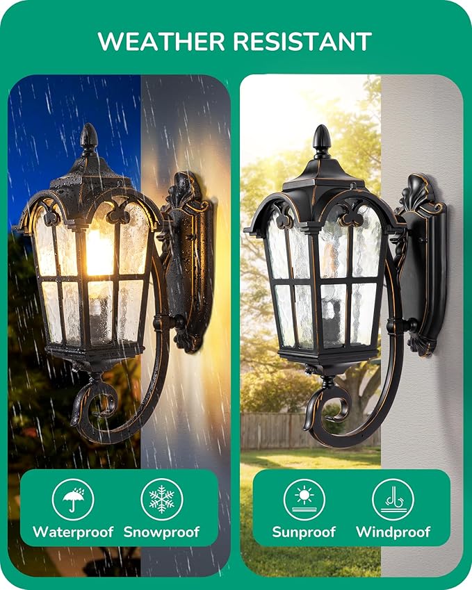 EDISHINE Dusk to Dawn Outdoor Wall Light, 17" Exterior Light Fixture Wall Lantern, Black Roman Porch Light Wall Lamp with Water Ripple Glass, Waterproof Wall Mount Sconce for Porch, Garage, Patio