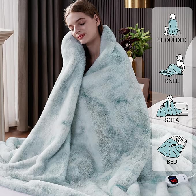 Guohaoi Heated Blanket Electric Throw, Soft Faux Rabbit Fur Electric Blanket with 10 Heating Levels 5 Sitting Timer Auto Off, Cozy Warm Heating Blankets, Machine Washable(90"×100" Blue)