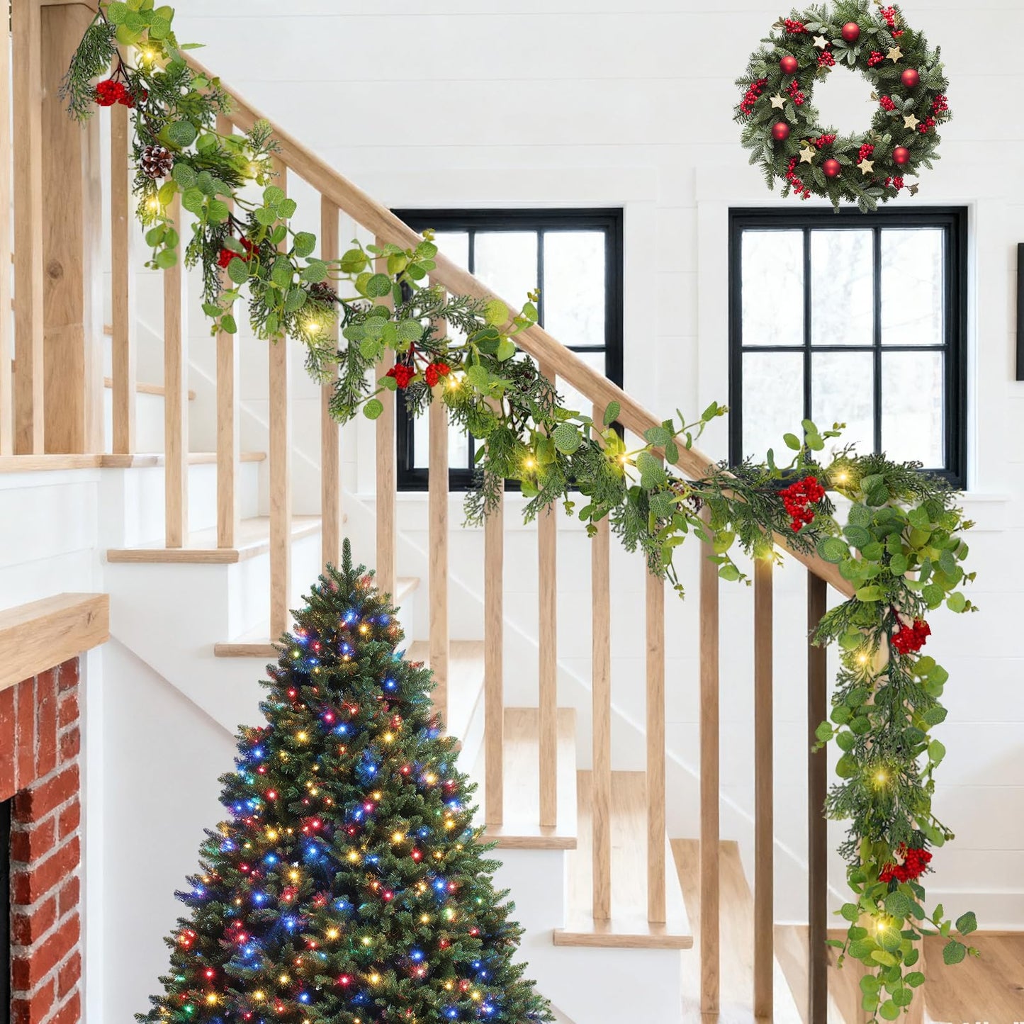 6FT Prelit Christmas Garland with Lights, Realistic Eucalyptus Garland with Artificial Cedar Cypress Leaves Red Berries Pine Cone Greenery Xmas Garland for Mantle Stair Railing Fireplace Decoroation