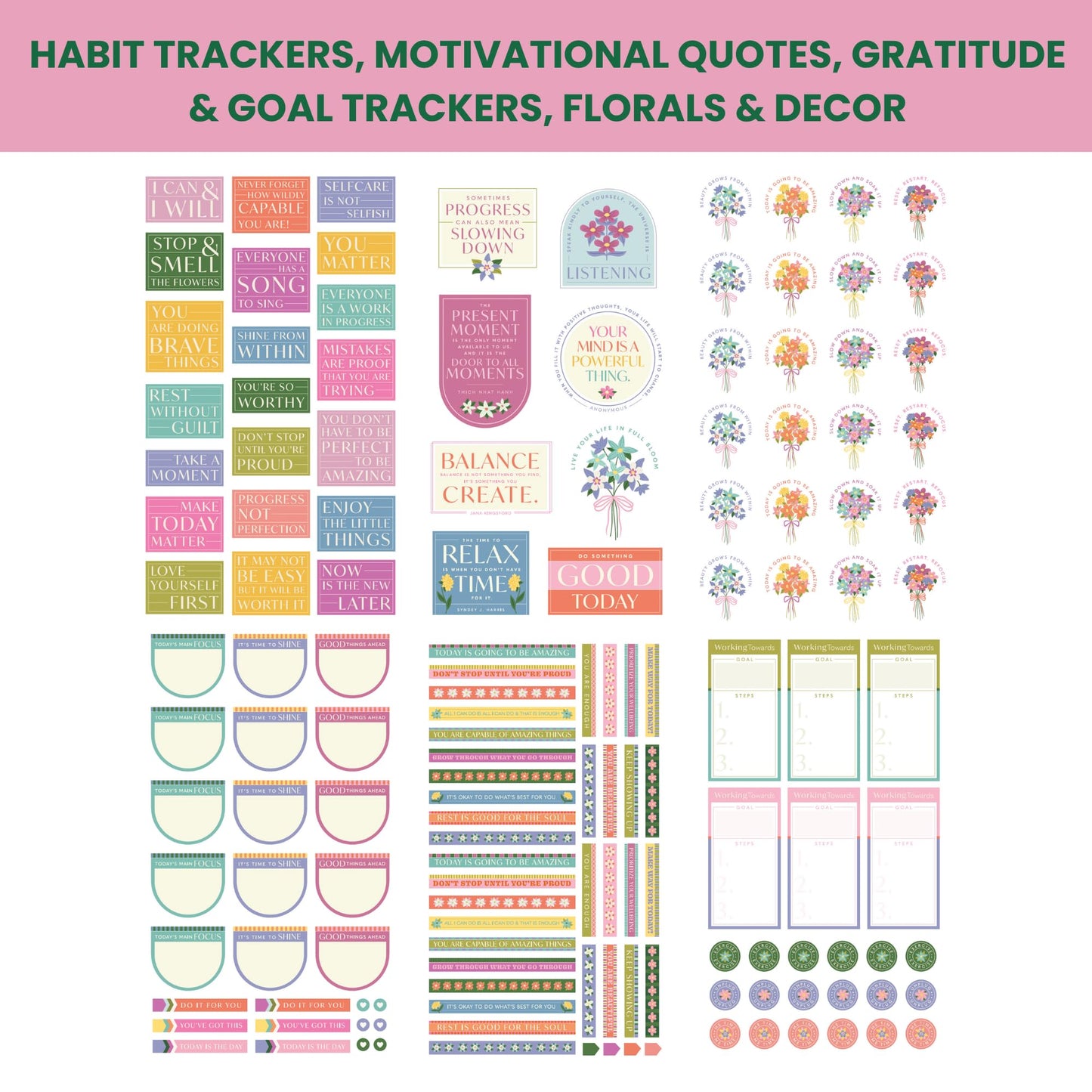 Wellness Sticker Book for Planners — 25 Sheets, 550+ Stickers | Habit Trackers, Motivational Quotes, Gratitude & Goal Trackers, Florals & Decor| Stickers for Planners, Journals & Scrapbooks