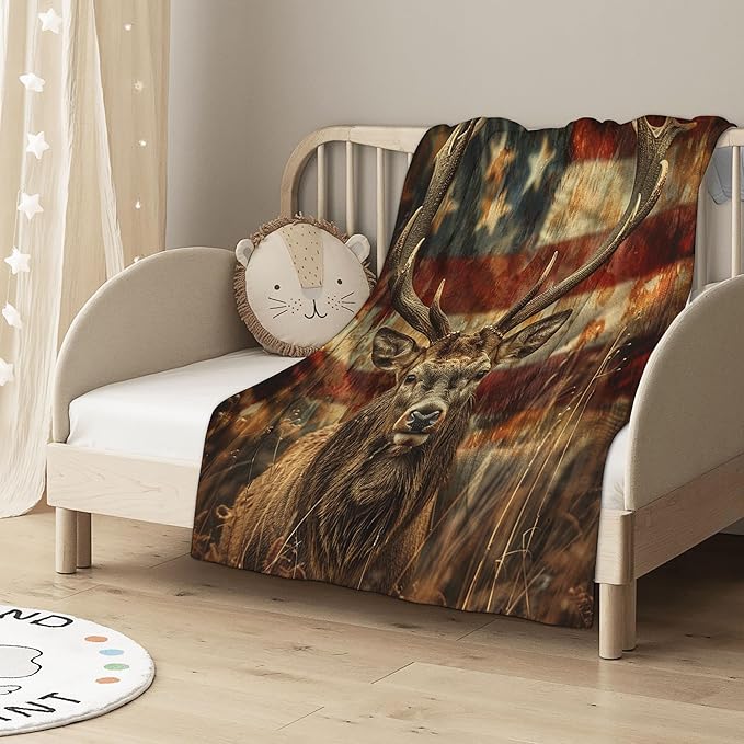 Blanket Vintage Deer Lightweight Soft Throw Blanket for Girls Teens Women, American Flag Fuzzy Blanket Home Room Decor 50x60 Inches