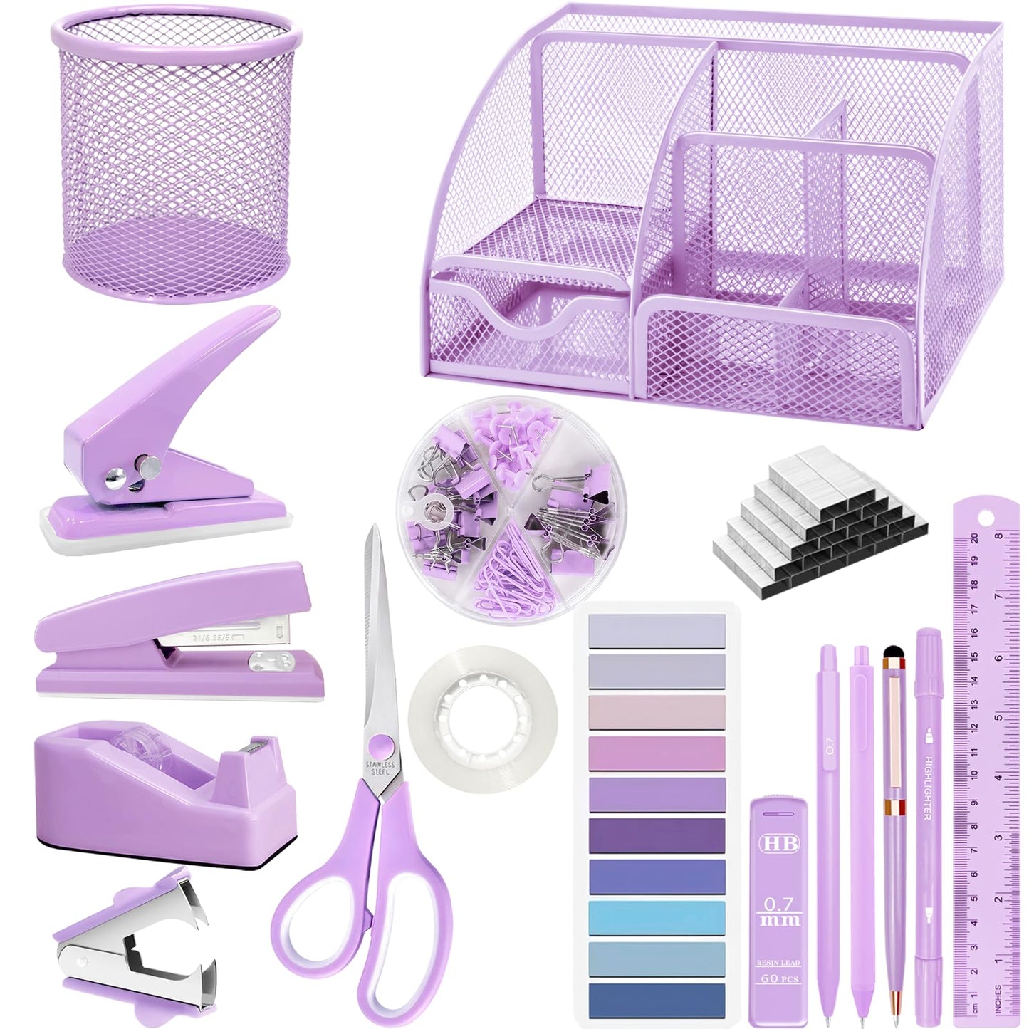 Purple Desk Accessories, 17Pcs Purple Office Supplies Set with Stapler, Mesh Desk Organizer, Tape Dispenser, Staple Remover, Pen Holder, Clips, Pens, Ruler, for Office Home School Women Students Gift