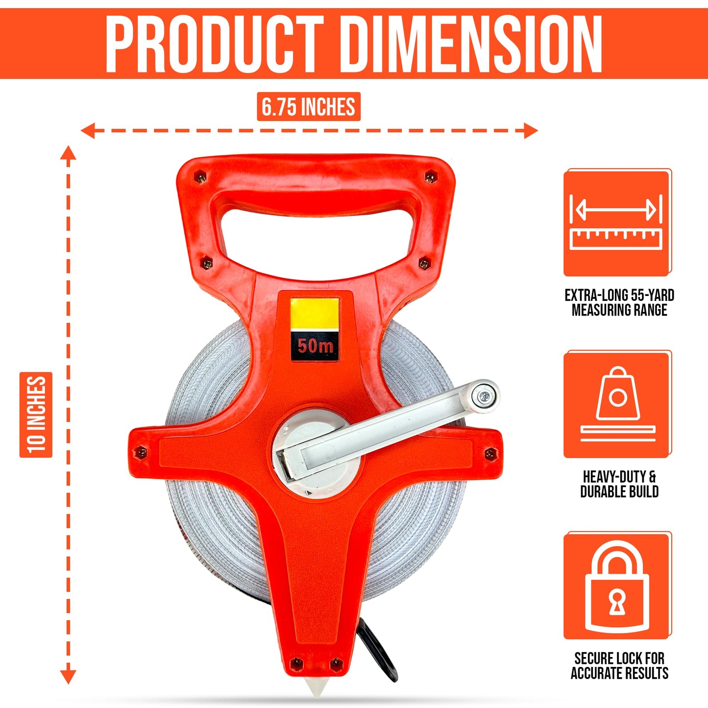 Harrier Hardware 55 Yard / 165 Foot Long Open Reel Tape Measure, Orange, SAE & Metric Scales, Durable for Construction Measuring Tape