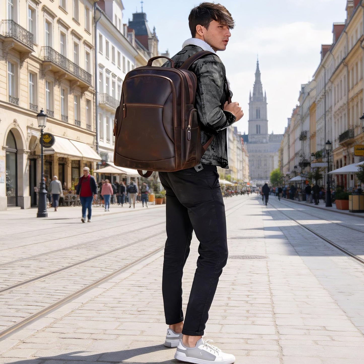 TIDING Full Grain Leather 17.3 Inch Laptop Backpack for Men Large Capacity Travel Weekender Camping Daypack Rucksack
