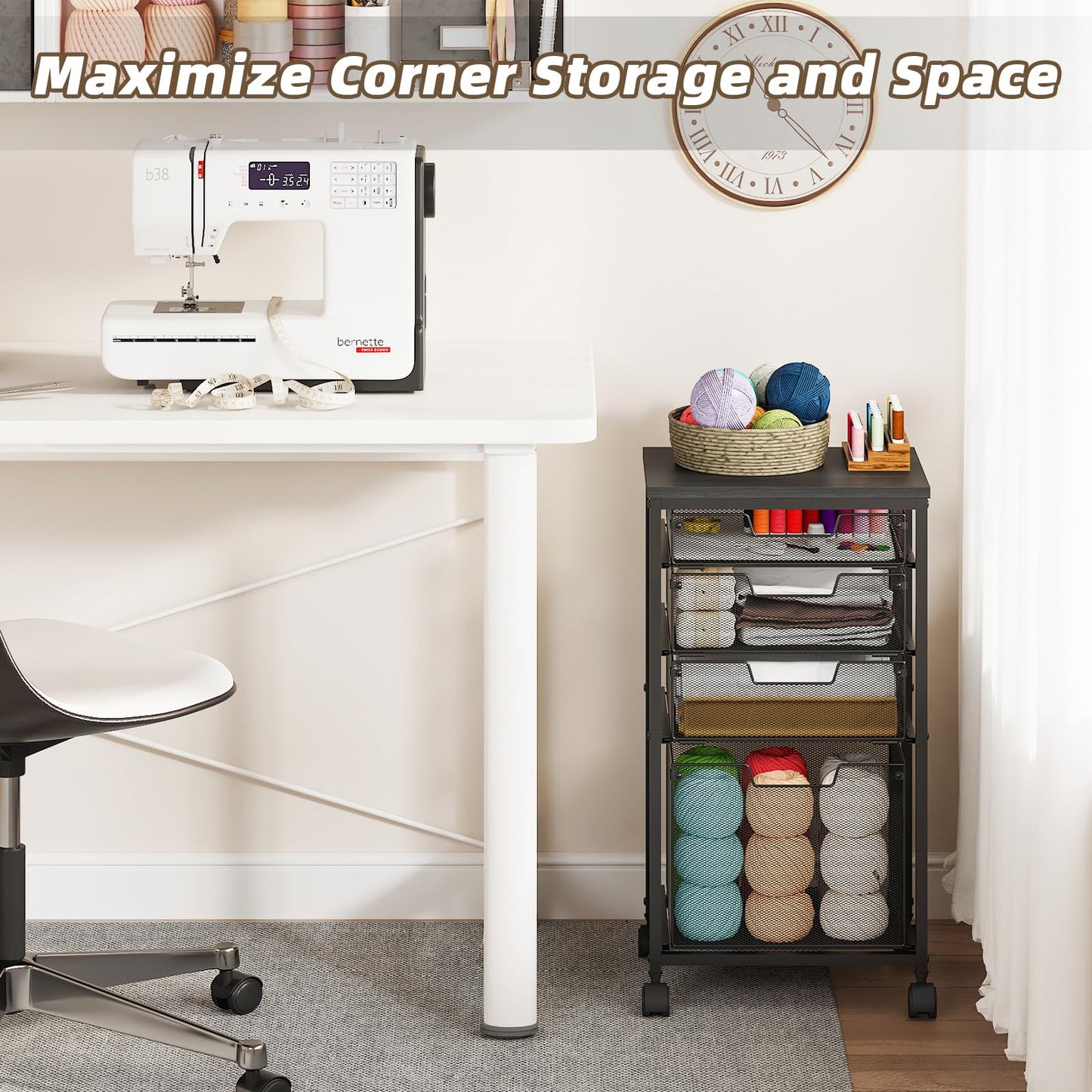 Sbanmao 3 Drawers Rolling Storage Cart, Utility Cart with Wooden Tabletop, Rolling Storage Drawer Cart with Lockable Wheels, Storage Craft Cart for Bedroom, Bedroom, Office, Black