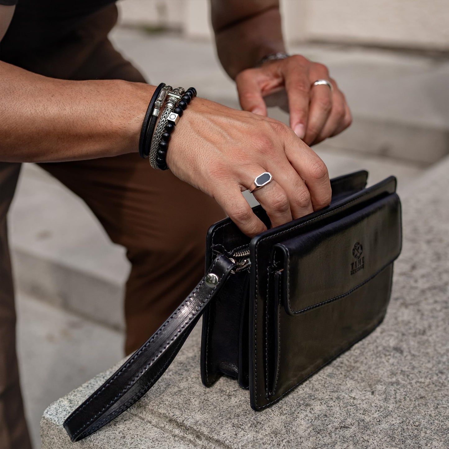 Time Resistance Leather Clutch for Men - Organizer Wrist Bag Briefcase - Handmade in Italy (Black) - Gift Box Included