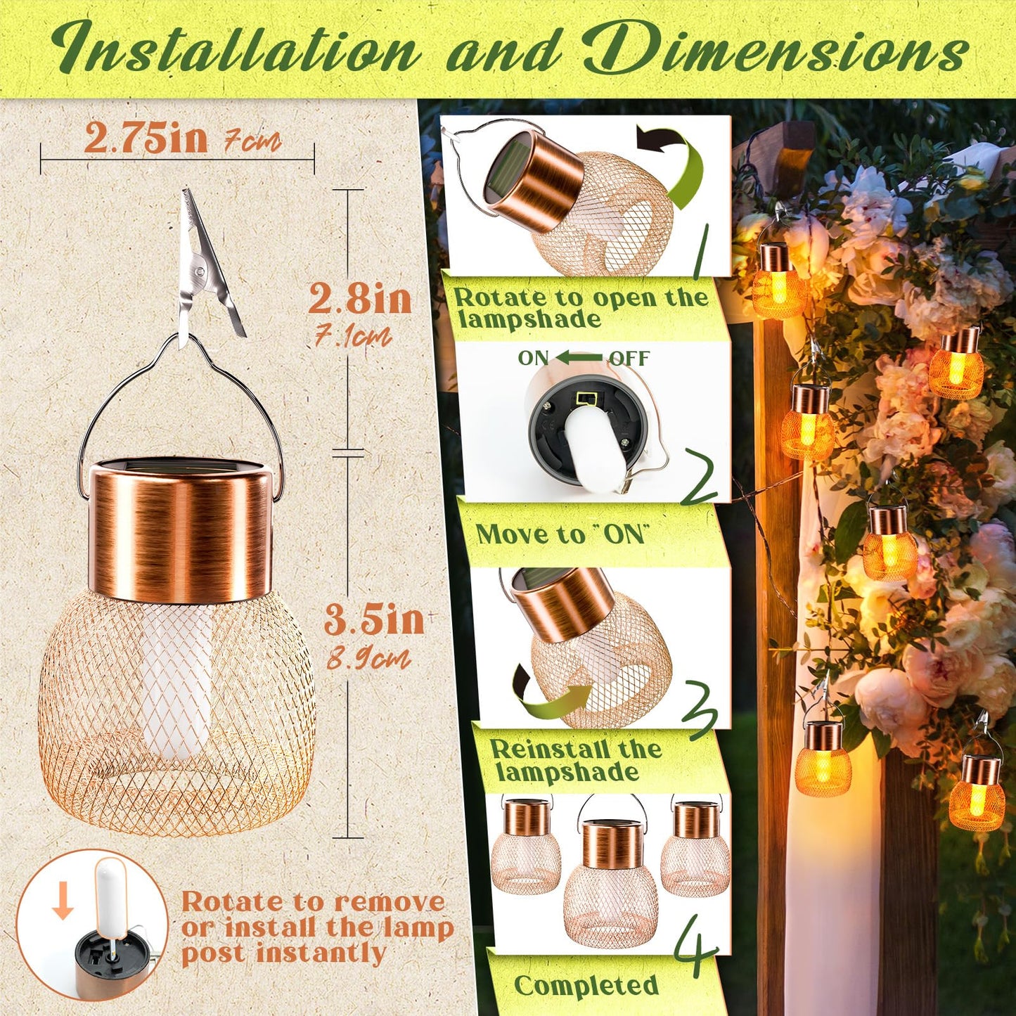 Anordsem Solar Hanging Lights Outdoor: 8 Metal Mesh Flame Lanterns with Clip - Waterproof LED Warm Lighting for Christmas Tree Yard Garden Decor - Xmas DIY Gift for Homeowners Camper