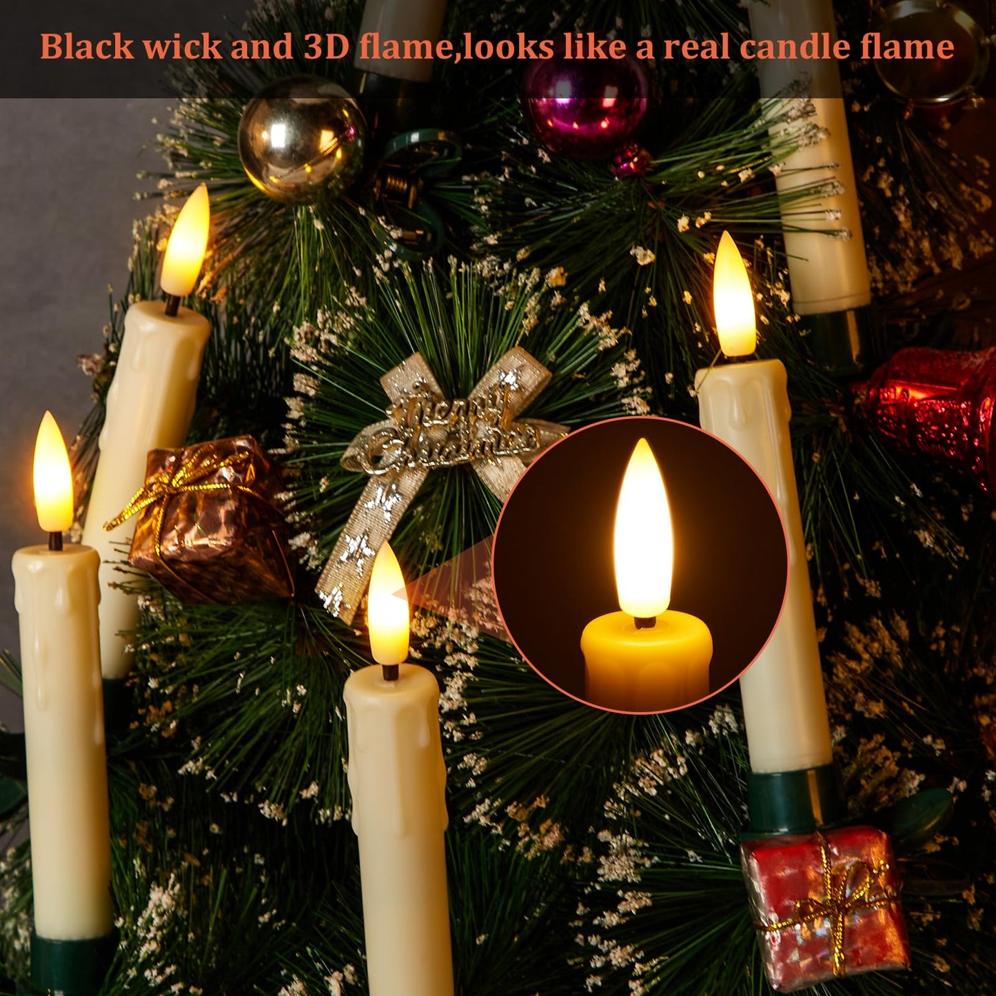 IMAGE 12Pcs LED Taper Candles Light Set 5.3 inches Dripping Flameless 3D Wick Ivory Candles with Clip-on Christmas Tree Design, 10-Key Remote with Timer, Warm White Light Battery Operated for Decor
