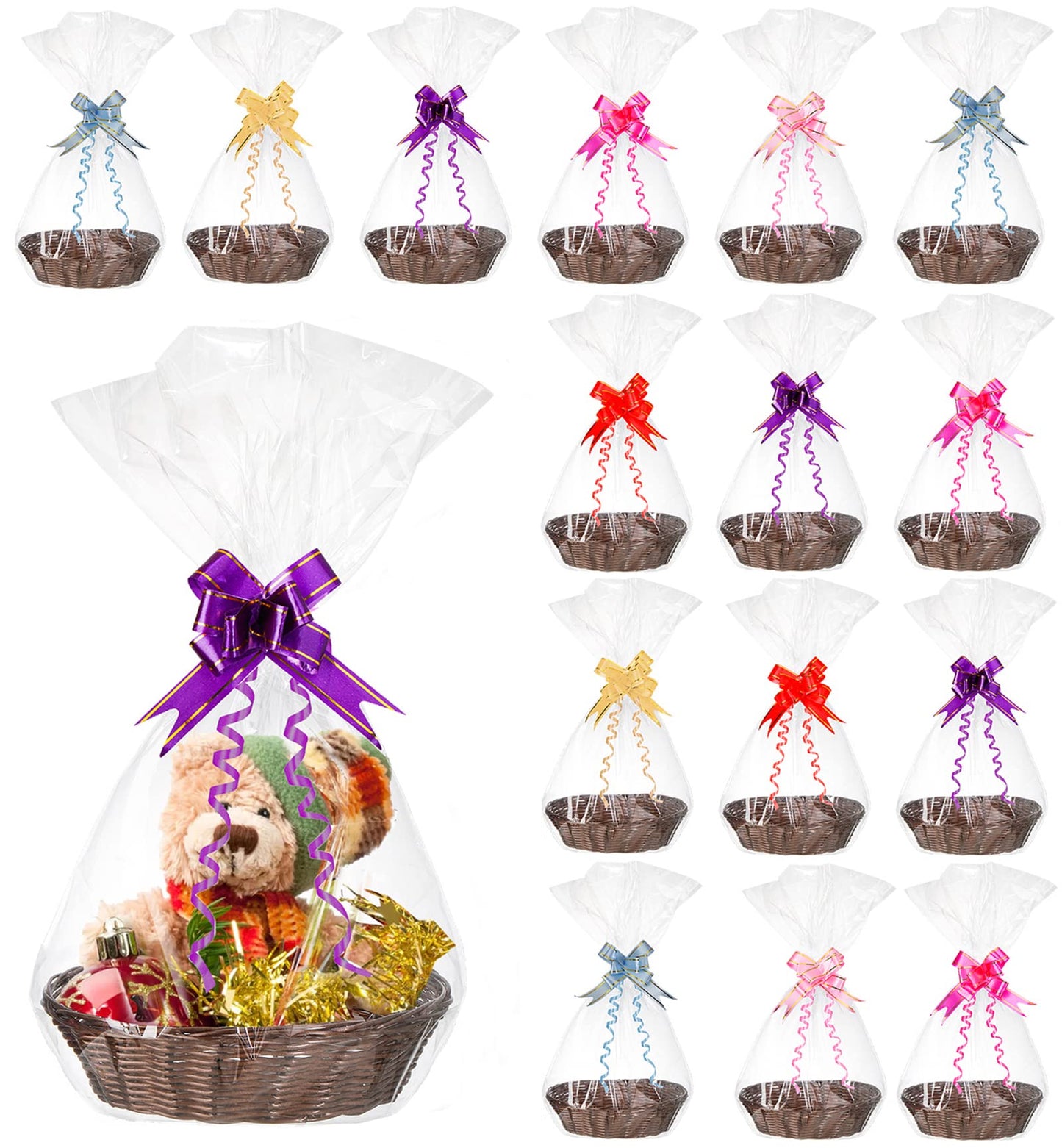 Yesland 16 Pcs Plastic Oval Basket for Gifts Empty, Small Bread Basket Food Storage Baskets with Clear Gift Bags and Colorful Pull Bows, 9 X 6 X 2.5 Inches Bin for Kitchen Restaurant Christmas