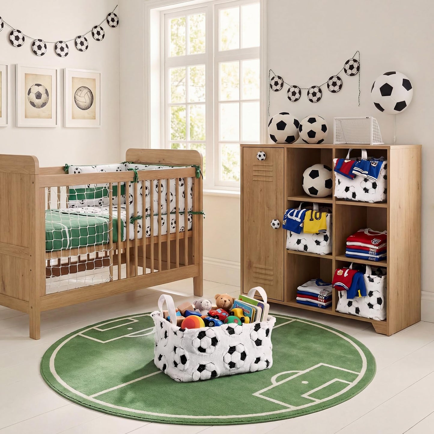 Yiyiring 2 Pcs Soccer Storage Baskets 14x10'' Back to School Gift Basket Foldable Fluffy Laundry Storage Bin with Handle Sport Theme Closet Organizer for Preppy Dormitory Countertop Tabletop Shelf