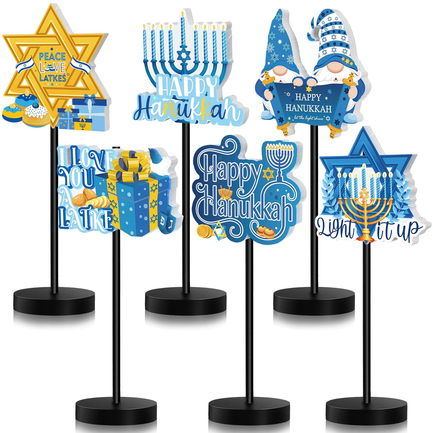 Shellwei 6 Pcs Hanukkah Table Decorations Decor Happy Hanukkah Wood Table Sign Chanukkah Party Decor for Home Indoor Centerpiece Menorah Dreidel Star of David (Fresh Style)