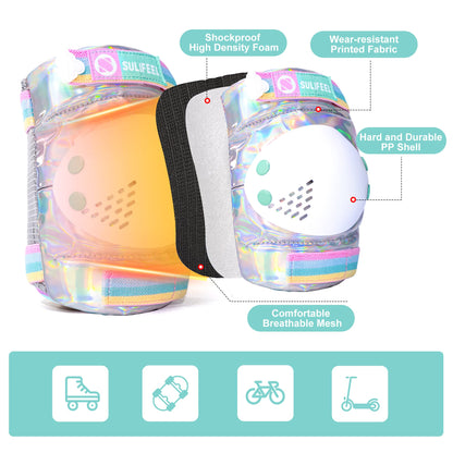 SULIFEEL Rainbow Unicorn Knee Pads for Kids Knee Elbow Pads Wrist Guards with Drawstring Bag Adjustable Protective Gear Set for Girls Boys Roller Skating Bike Cycling Skateboard Scooter Shiny Small