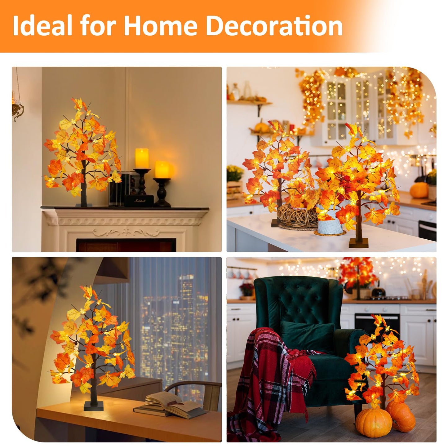 Joyhalo 2 Pack 23.5 Inch Fall Trees with Lights, Timer Battery Operated Fall Light Up Tree for Thanksgiving Autumn Home Office Room Indoor Decorations, Faux Fall Lighted Maple Trees Decor