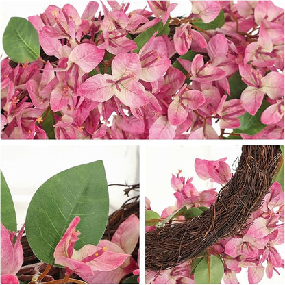 Briful Spring Wreaths for Front Door 18in Artificial Bougainvillea Flower Wreath Silk Floral Hanging Wreath Outdoor Wreaths for Home Wall Mantle Party Wedding Porch Décor