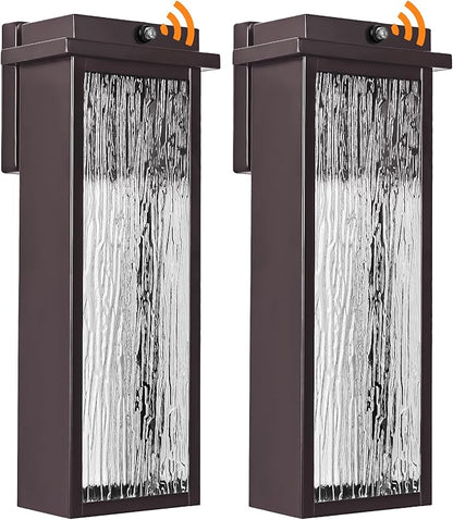 Oil Rubbed Bronze LED Dusk to Dawn Outdoor Lighting 2 Packs, 16" Large Outside Farmhouse Wall Lantern Brown, Industrial Porch Wall Mount Light Fixture with Rippled Glass, Modern Exterior Sconce Lamp