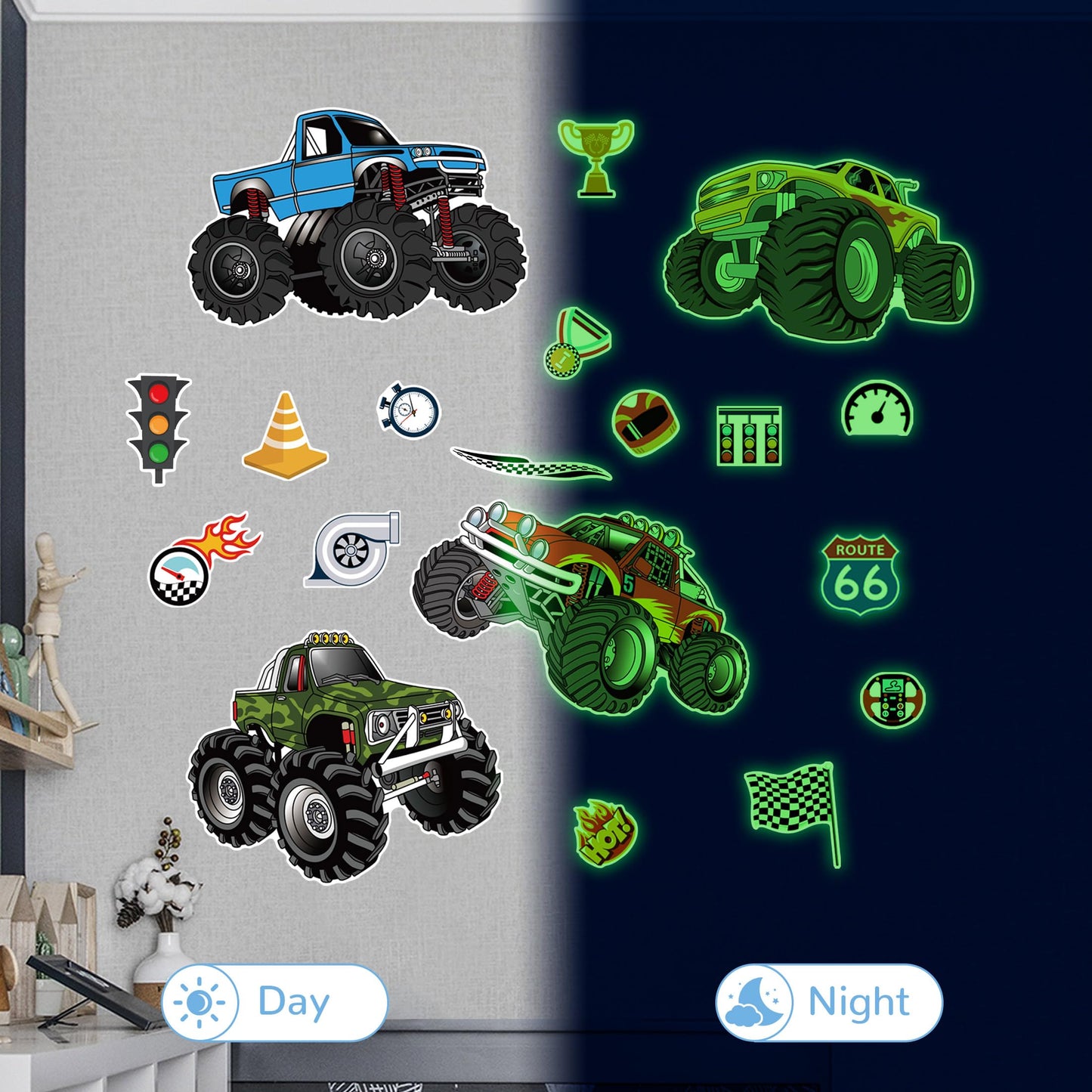 Glow in The Dark Racing Car Wall Stickers, Truck Kids Bedrooms Wall Decals, Racing Theme Big Foot Truck Ceiling Decor, Nursery Classroom Playroom Home Decor Gifts