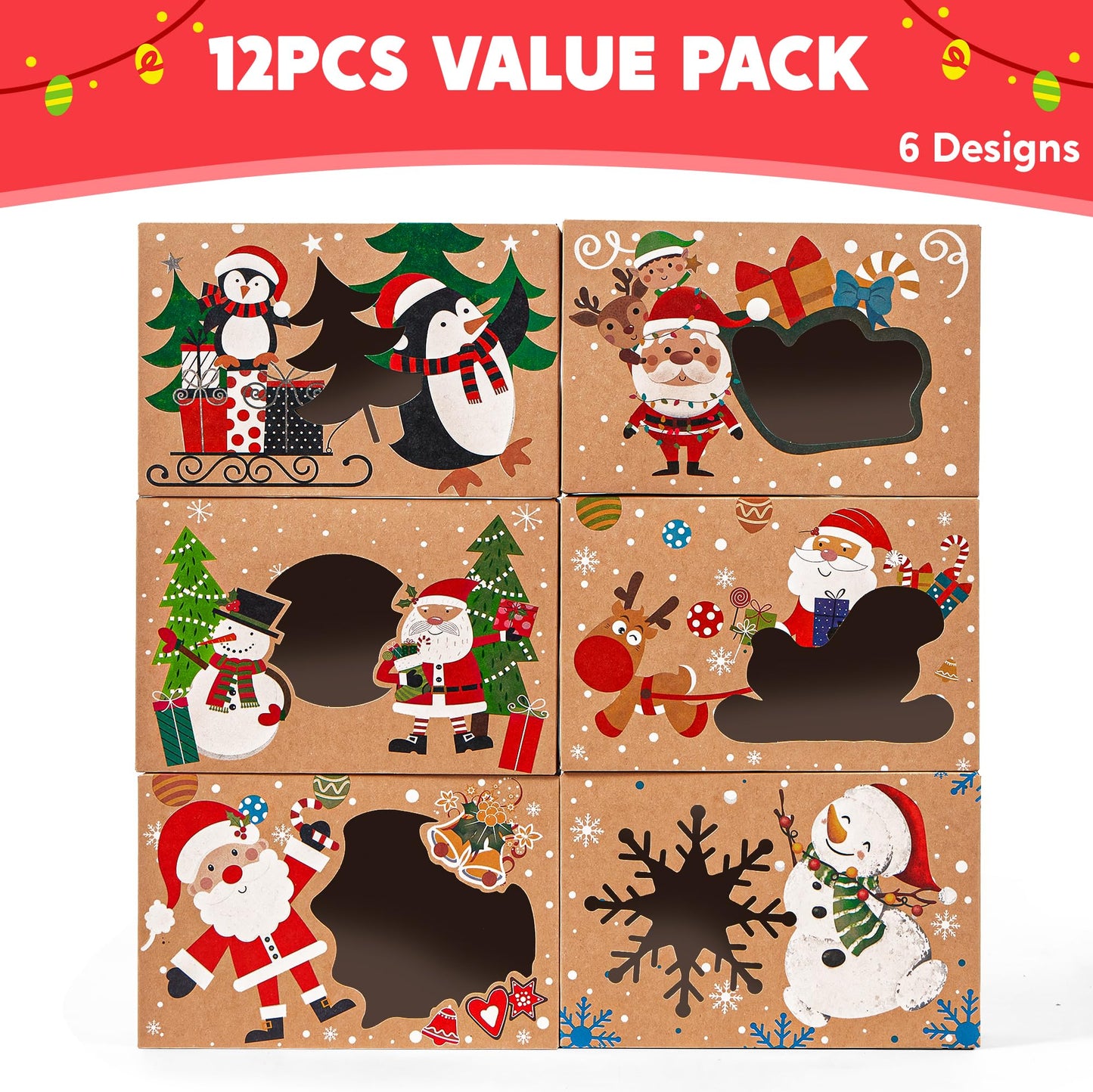 JOYIN 12PCS Christmas Cookie Boxes for Gift Giving, 8.75" x 5.75" x 2.75" Xmas Holiday Bakery Treat Boxes with Window, Kraft Cookie Tin Container Box for Baked Goods, Cupcake, Pastry, Candy, Doughnut