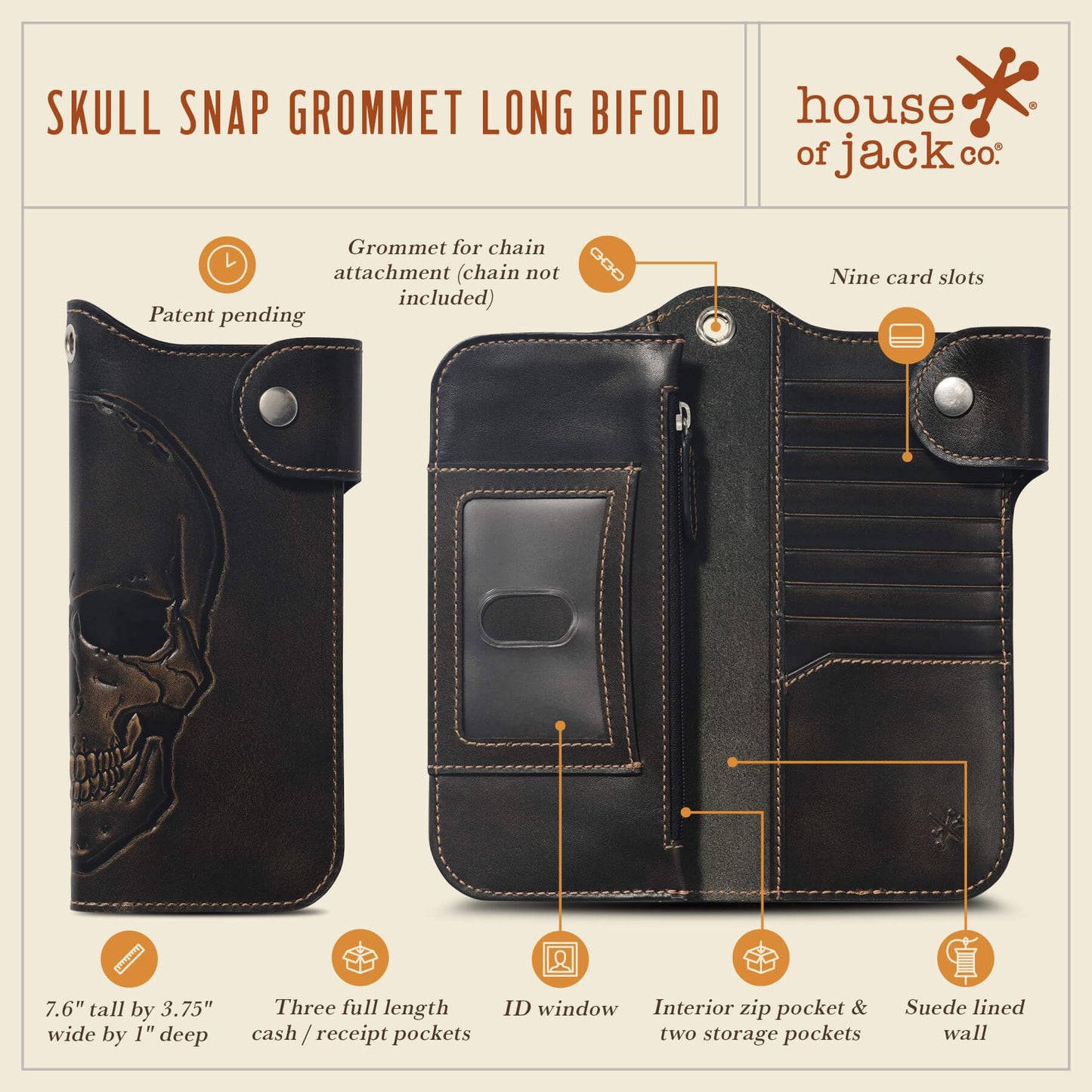 House of Jack Co. Skull Biker Wallet for Men, Long Motorcycle Wallet with Grommet & Snap Closure, Full-Grain Cowhide Leather, Vintage Black (Chain Not Included)
