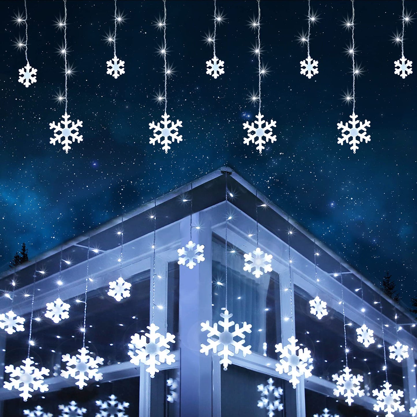 Christmas Snowflake Lights Outdoor, 17.22ft 264 LED Snowflake Icicle Lights with 22 Drops, 8 Modes connectable Plug In Christmas Light Waterproof for Eaves, Garden, Indoor & Outdoor Xmas Decor (White)