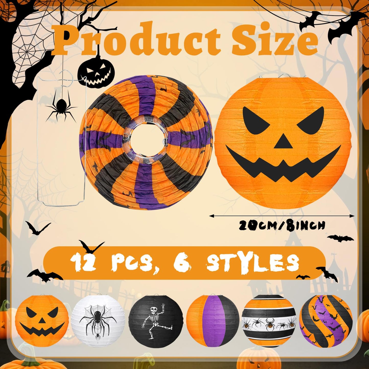 ADLKGG Halloween Party Decorations, Black Orange Purple Hanging Spider Bat Pumpkin Skeleton Paper Lantern for Halloween Birthday Decorations, Trick-or-Treating Events, Wedding,Garden Home Decor, 12pcs