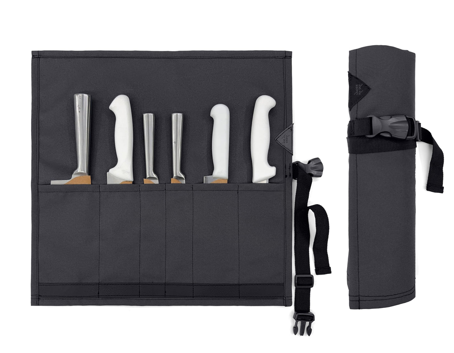 Under NY Sky Knife Roll Case - 6 Slots - Heavy Duty Oxford Canvas Pouch - Leather Reinforced - Portable Bag for Cooking Tools, Utensils, Cutlery Knives, Brushes - Chefs, Kitchen, Travel, Gift - Gray